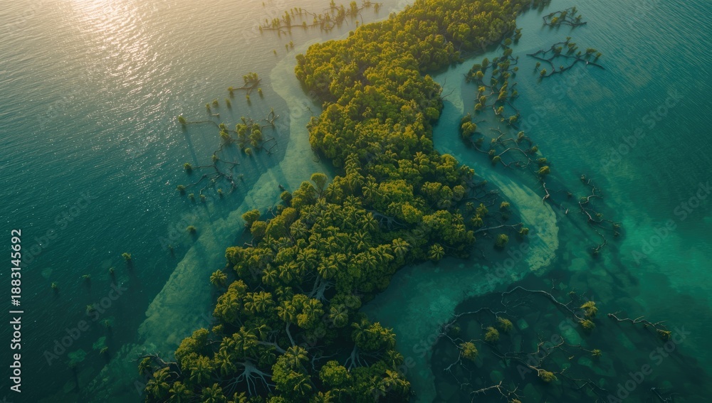 Naklejka premium Birds eye perspective of mangrove forests in Abu Dhabi highlighting natural habitats, ecological conservation