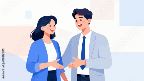 A man and a woman are shaking hands. The man is wearing a tie. The woman is smiling