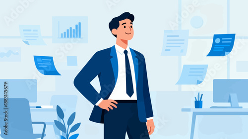 A man in a suit stands in front of a desk with a computer monitor and a potted plant