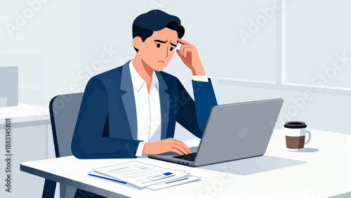 A man is sitting at a desk with a laptop and a cup of coffee. He is deep in thought, possibly working on a project or dealing with a problem. Concept of concentration and focus