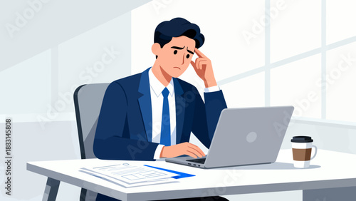 A man is sitting at a desk with a laptop and a cup of coffee. He is looking at the laptop with a frown on his face