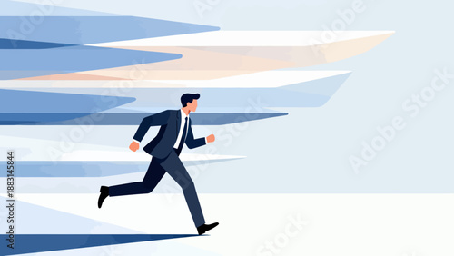 A man in a suit is running through a snowy landscape. Concept of urgency and determination as the man races against time. The snowy backdrop adds a sense of isolation and coldness