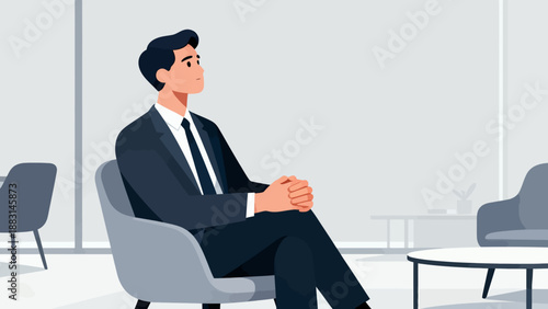 A man in a suit is sitting in a chair in a room. He is looking down and he is in a contemplative mood