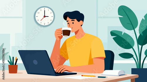 A man is sitting at a desk with a laptop and a cup of coffee. He is typing on the laptop and drinking his coffee. Concept of productivity and focus