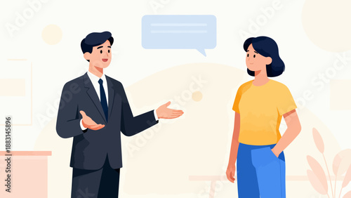 A man and a woman are talking to each other in a room. The man is wearing a suit and tie, and the woman is wearing a yellow shirt. Scene is professional and formal