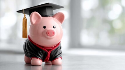 Graduate with piggy bank shows the importance of saving for education costs against a simple light backdrop