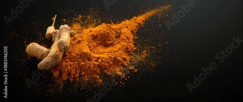 Turmeric fresh and powdered on a black backdrop, food, isolated, natural, health, medical, orange, India, culinary, plant