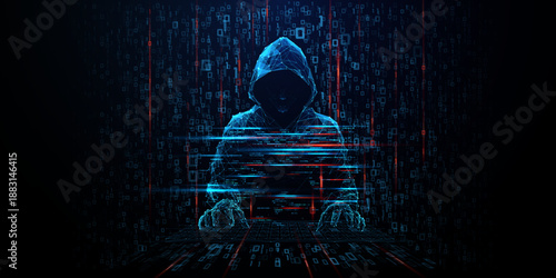 Low poly hacker silhouette emerges from Matrix-style binary code backdrop, depicting digital fraud and cyber threats in a striking 3D illustration with dramatic dark atmosphere. Cyber security concept