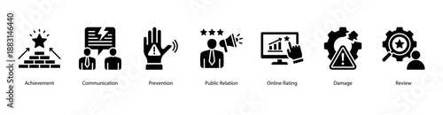 Communication and Achievement web banner icon vector illustration featuring Achievement, Communication, Prevention, Public Relation, Online Rating, and Damage.