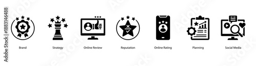Strategic Online Presence web banner icon vector illustration featuring Loyalty, Brand, Strategy, Online Review, Reputation, Online Rating, Planning, and Social Media.