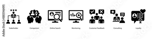 Stakeholder and Review Dynamics web banner icon vector illustration featuring Review, Stakeholder, Comparison, Online Search, Monitoring, Customer Feedback, and Consulting.