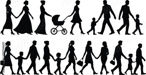 Set of family silhouette icons showing adults and children walking, holding hands, and using strollers, ideal for lifestyle themes.