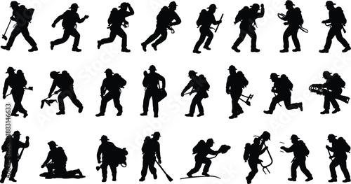 Set of firefighter silhouette figures in action poses, black emergency responder characters carrying tools and hoses, isolated rescue and fire service icons for safety design