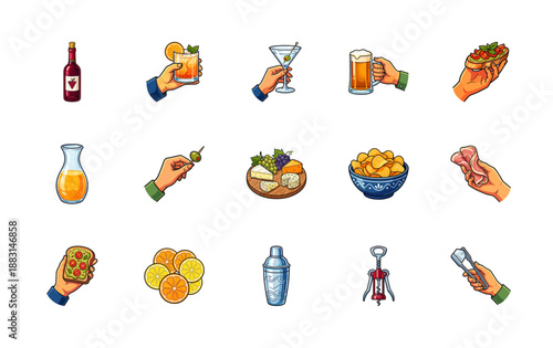 Bold Comic-Style Cocktail and Appetizer Graphic Element Kit for Social Happy Hour and Catering