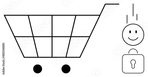 Online shopping. Shopping cart, happy face, and lock symbol convey safe online shopping and transaction security. Online shopping ensures safe payments and user satisfaction. For ecommerce