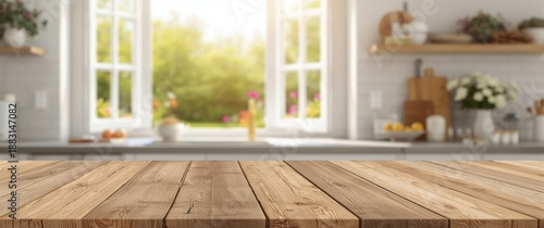Table background featuring free space and a blurred spring window in a home interior