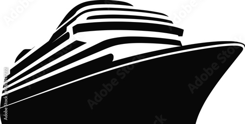 Modern luxury cruise ship silhouette, black and white ocean liner icon, nautical travel logo, maritime transport illustration, isolated vector