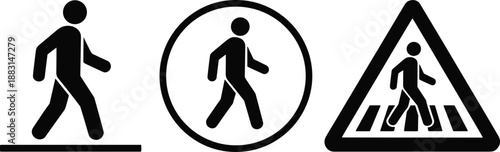 Set of pedestrian crossing icons showing walking person symbol, circular sign and triangular road warning sign, isolated black silhouette traffic symbols for safety and navigation design