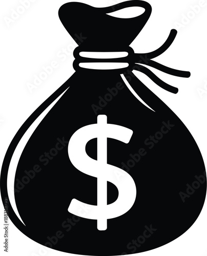 Money bag silhouette icon, dollar sign cash finance symbol, black vector savings wealth banking illustration isolated on white background