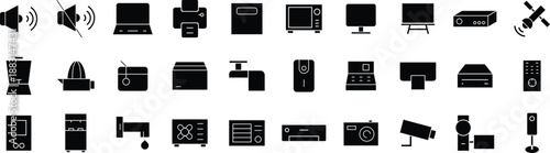 Technology, Devices, and Smart Home Solid Icon Set with Electronics, Computer, TV, Camera, Kitchen Appliances, and Audio
