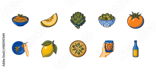 Vintage Woodcut Engraving Mediterranean Food and Aperitivo Illustration Set for Italian Restaurant Branding