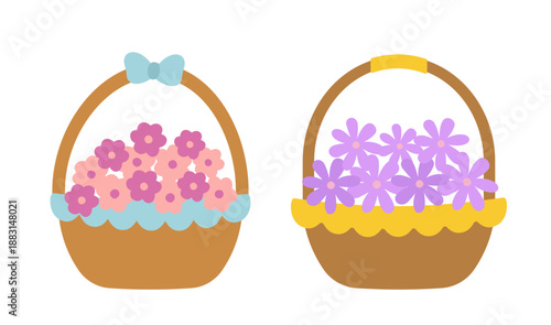 Flowers with basket Icon clip art set.
Spring garden floral  in baskets vector illustration set.
Transparent background. svg.