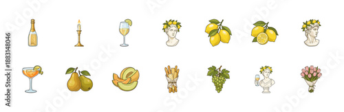 Vintage Etching Mediterranean Still Life and Classical Statues Graphic Set for Italian Summer Branding