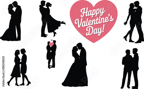 Set of romantic couple silhouette figures with Happy Valentine’s Day heart, black loving men and women characters hugging, kissing and dancing, isolated love icons for holiday design