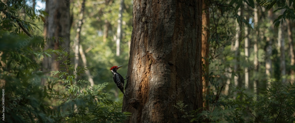 Fototapeta premium Eucalyptus tree with a Red-billed woodpecker