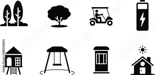 Park icon set silhouettes, trees, playground, golf cart, battery energy, house and street kiosk symbols, black vector collection