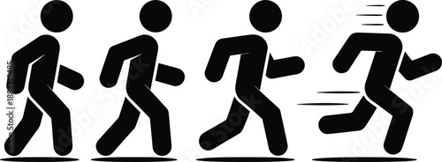 Set of walking and running human icons showing motion stages, black silhouette people symbols for movement, speed, fitness, navigation and activity tracking design