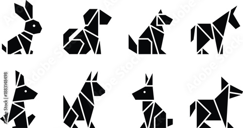 Origami dog silhouettes set, geometric paper fold animals icons, black and white polygon pet vector illustration design