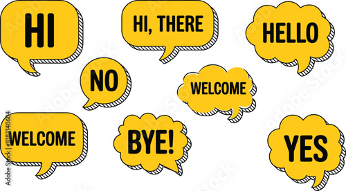 Set of yellow comic speech and thought bubbles with greetings and replies like hi, hello, welcome, yes, no and bye, pop art vector icons