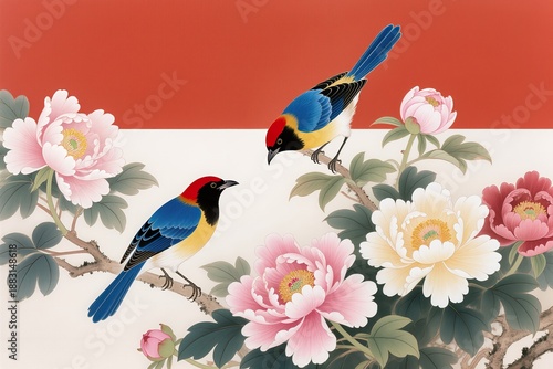 A minimalist traditional Chinese painting featuring two vividly colored birds perched among blooming peonies, bright yellow chests, black faces, blue wings, and red crowns. Deep red background