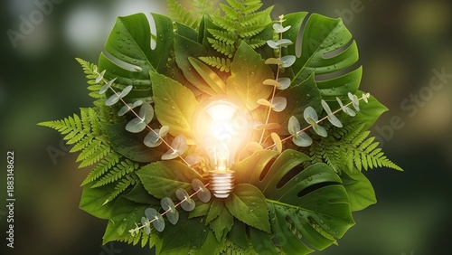 Glowing light bulb centered within a circular arrangement of lush green tropical leaves including monstera and fern with delicate water droplets symbolizing green energy