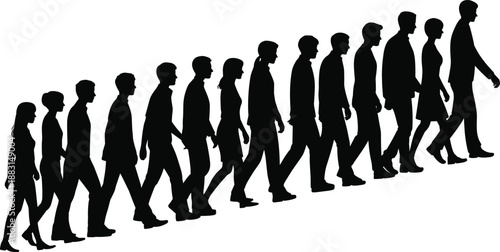 Silhouettes of people walking in increasing size, symbolizing growth, progress, and evolution, ideal for conceptual and design themes.