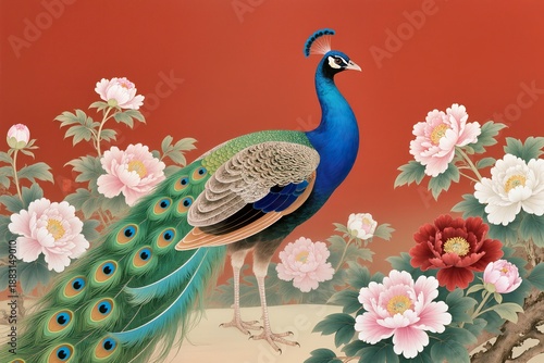 High-end traditional Chinese painting of a peacock among lush peony blossoms, elegant feather patterns in blue and green tones. Minimal red backdrop