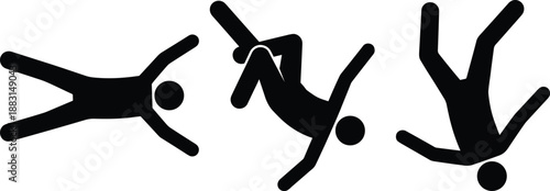 Black stick figure icon set depicting a person falling, tripping, and losing balance in a workplace accident or dangerous situation