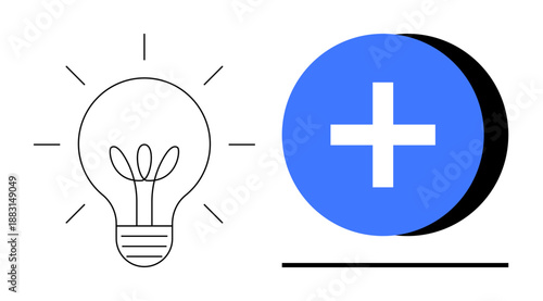 Innovation concept. Innovation ed by a glowing light bulb and plus sign in a blue circle. Innovation encourages creativity, positive change, and health progress. For healthcare, technology designs