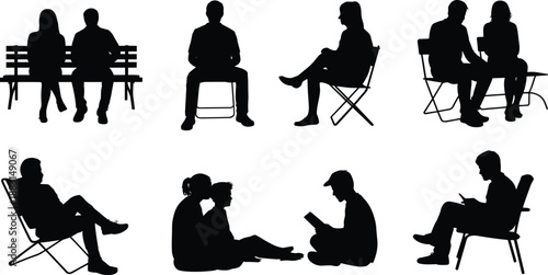 People sitting silhouettes set, men and women seated poses on chair bench, black vector illustration isolated on white