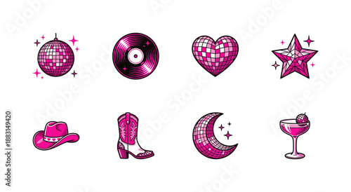 Retro Disco Cowgirl Pink Glam Graphic Asset Sheet for Bachelorette Party Branding