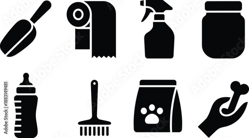 Pet care icons set, grooming and feeding supplies silhouettes, dog and cat accessories, cleaning tools, veterinary concept, vector