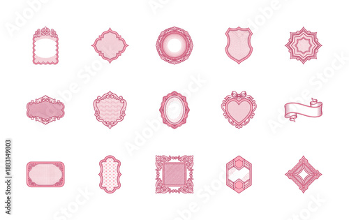 Ornate Guilloche Engraved Frame Set and Pink Romantic Ribbon Graphic Asset Sheet for Boutique Stationery Design
