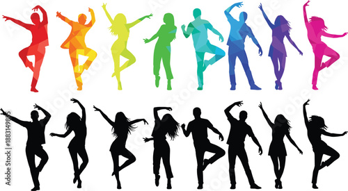 Set of colorful and black dancing people silhouettes; party, music, energetic moves, diverse dancers, dynamic vector collection, white background.
