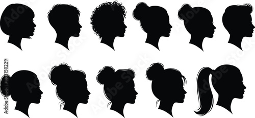 Set of female head and hairstyle silhouettes; different women profiles, hair buns, short, curly, long ponytail, black vector on white.