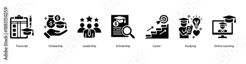 Scholarship and Career Growth web banner icon vector illustration featuring Transcript, Scholarship, Leadership, Scholarship, Career, Studying, and Online Learning.