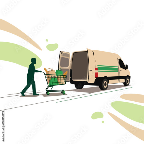 Online Grocery Delivery: Man Unloads Shopping Cart Into Van for Convenient At-Home Provisioning
