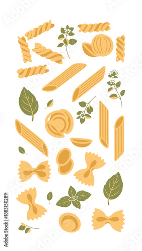 Pasta Collection: Diverse Culinary Delights with Herbs, Various Shapes, Delicious Ingredients