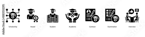 Academic Excellence web banner icon vector illustration featuring Scholarship, Award, Student, Academic, Contract, Examination, and Interview.