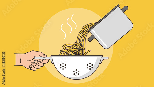 Pasta Strainer, Hand Holding Colander, Draining Cooked Noodles, Food Preparation, Illustration